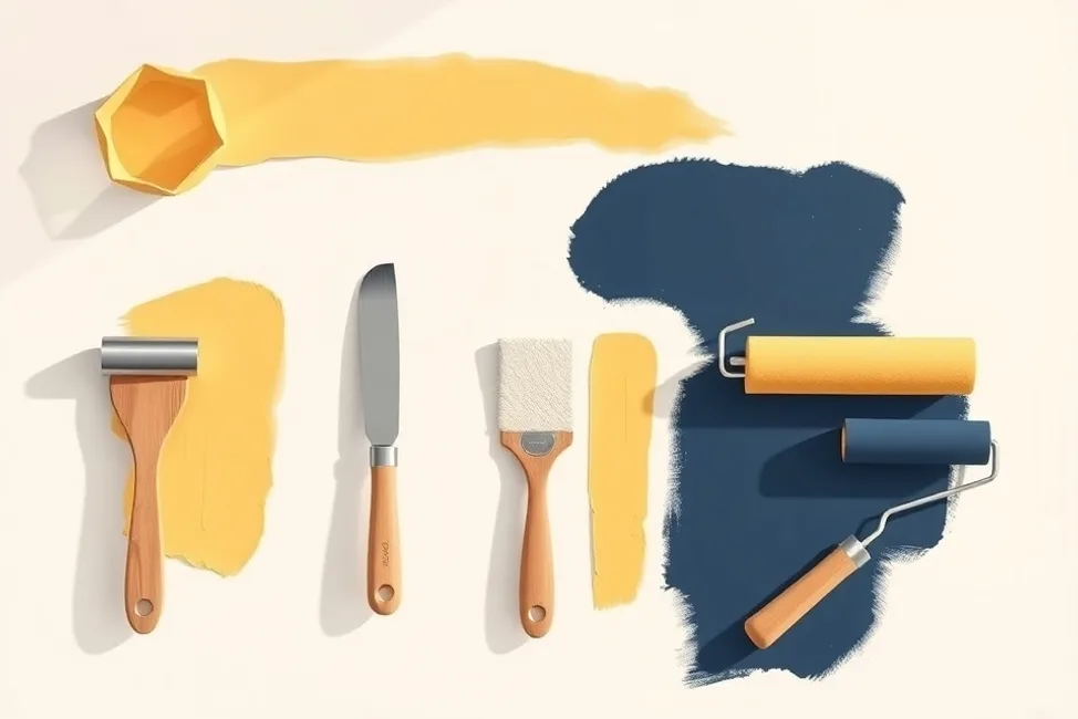 Outils de peinture disposés dans l'ordre des étapes du chantier