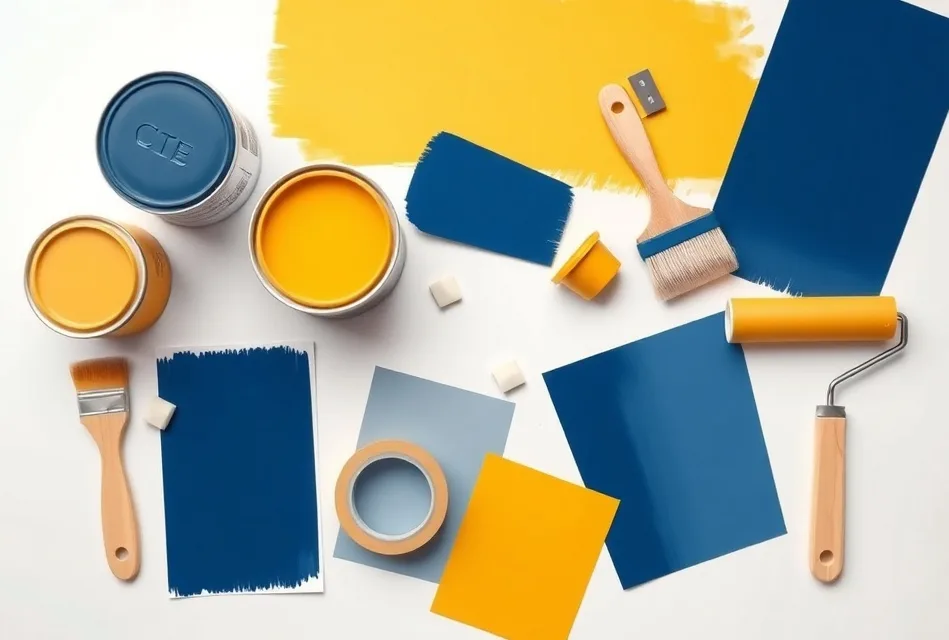 Pots de peinture, nuancier, brosses et rouleaux disposés à plat