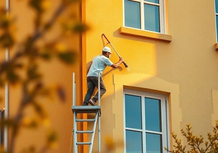 Peintre sur échafaudage traitant la façade d'une maison