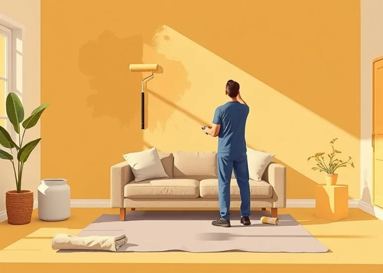Peintre appliquant la peinture au rouleau sur un mur de salon
